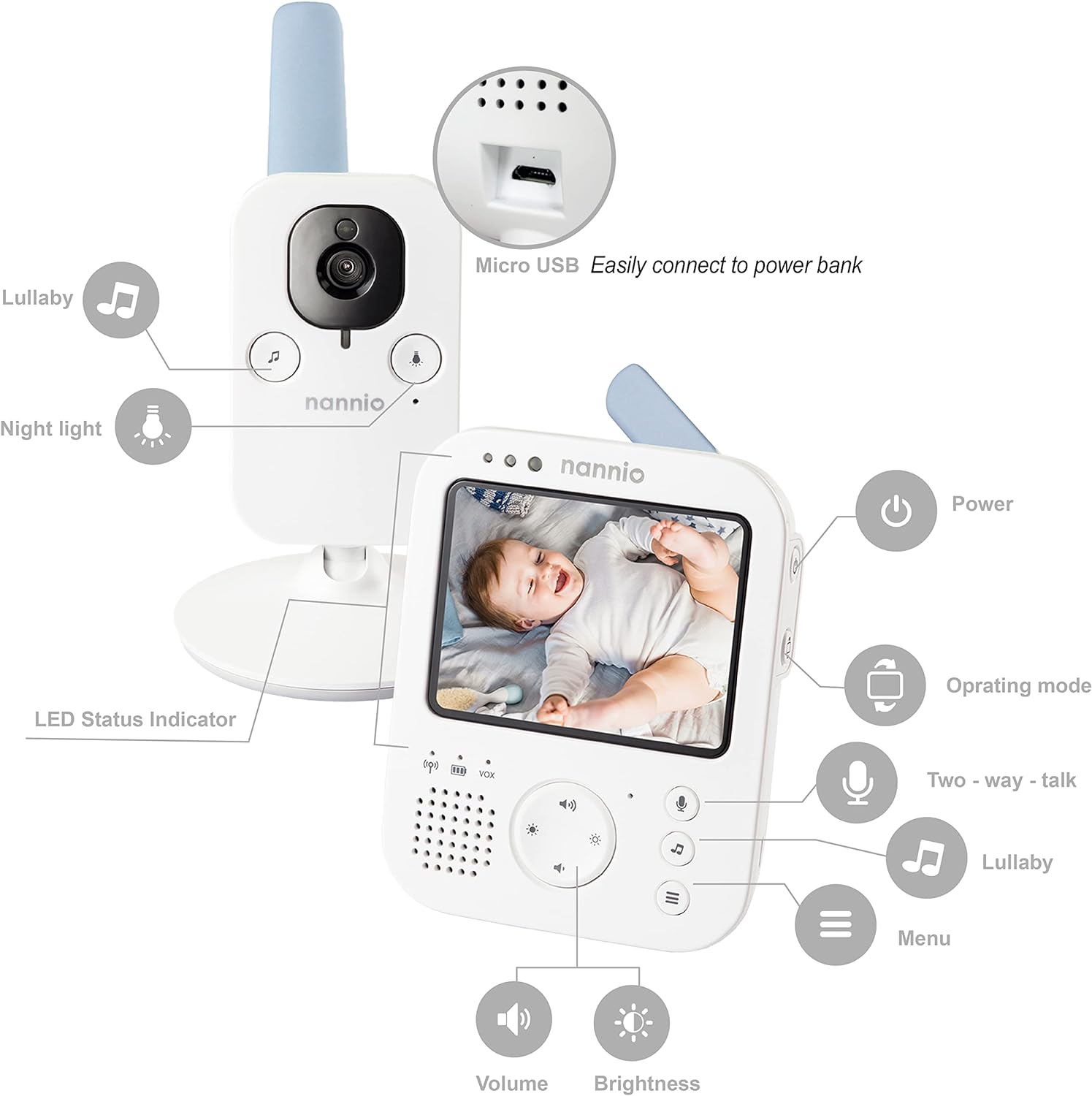 nannio Hero3 Video Baby Monitor with Night Light & Vibration Assistant, 3.5" Baby Camera Monitor, Sound Activated, Lullaby, Room Temperature, Two-Way Audio, Newborns, Pets, Elderly, 2 Years Warranty - Image 9